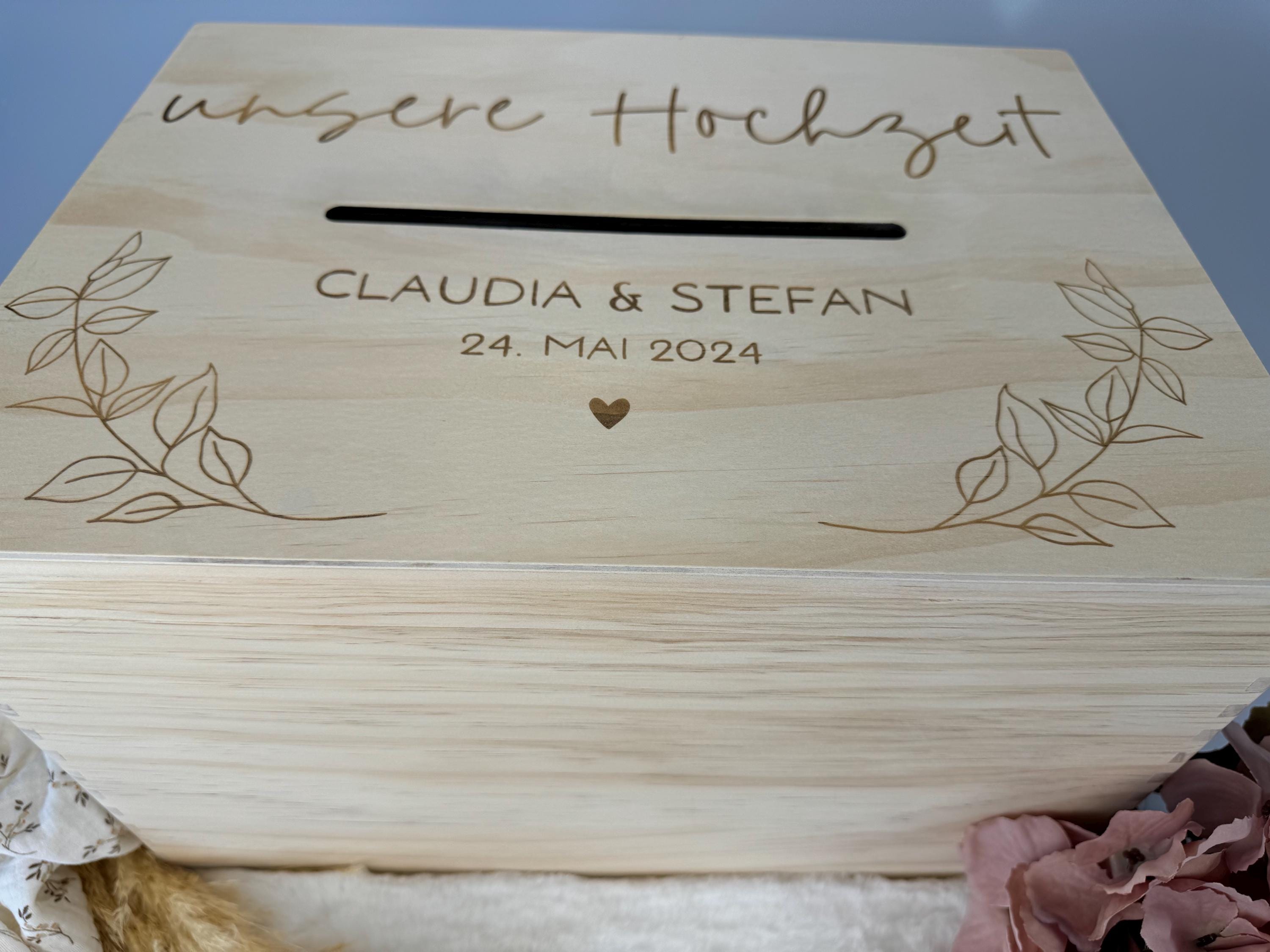 Personalisierte Hochzeitsbox aus Holz mit Namen & Datum, Hochzeitspost Box, Erinnerungskiste Hochzeit, Geldgeschenk Box Brautpaar