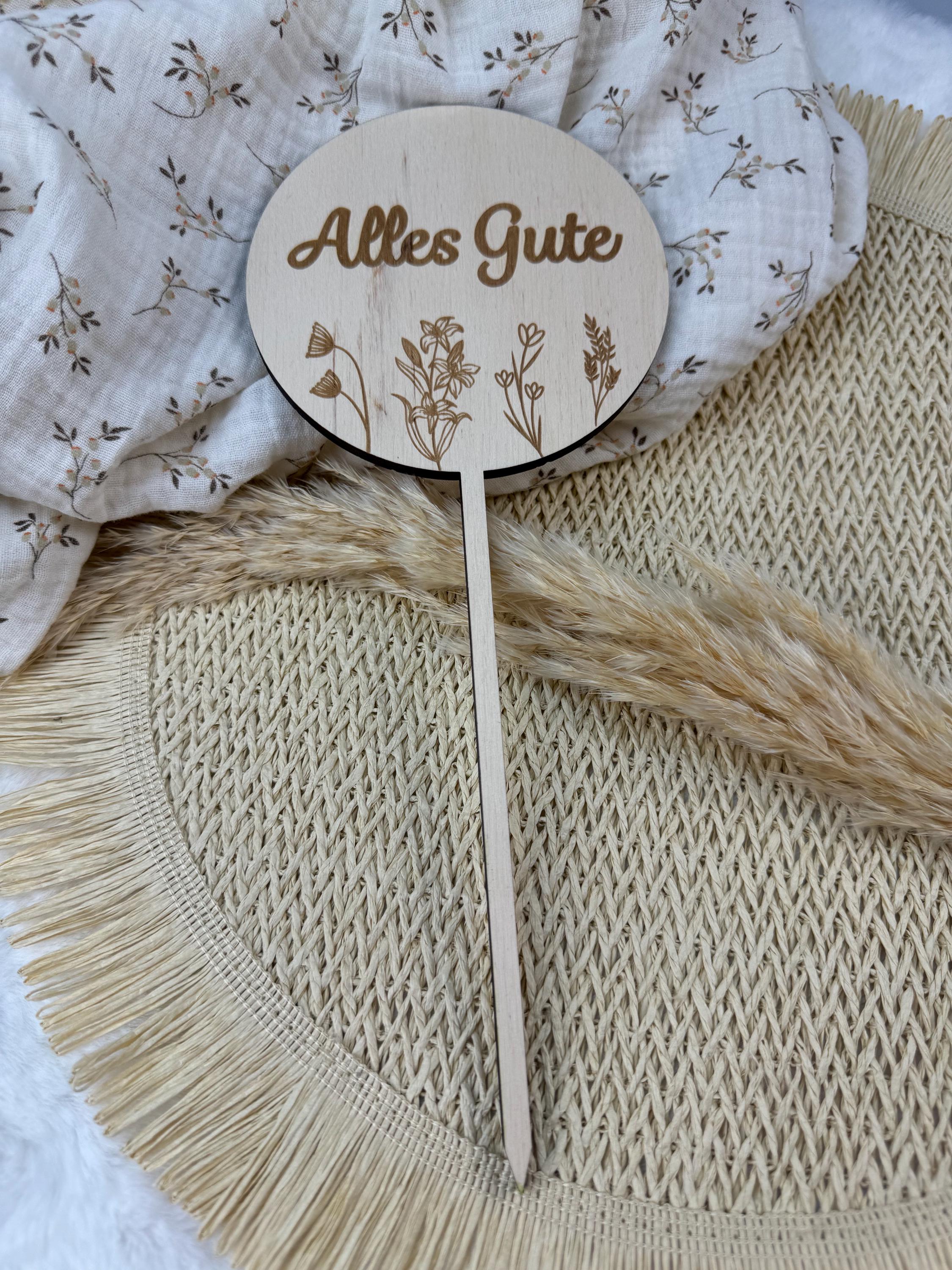 Cake Topper aus Holz, Tortenstecker personalisiert, Blumenstecker personalisiert,  Alles Gute, Geburtstagsgeschenk, Geburtstag