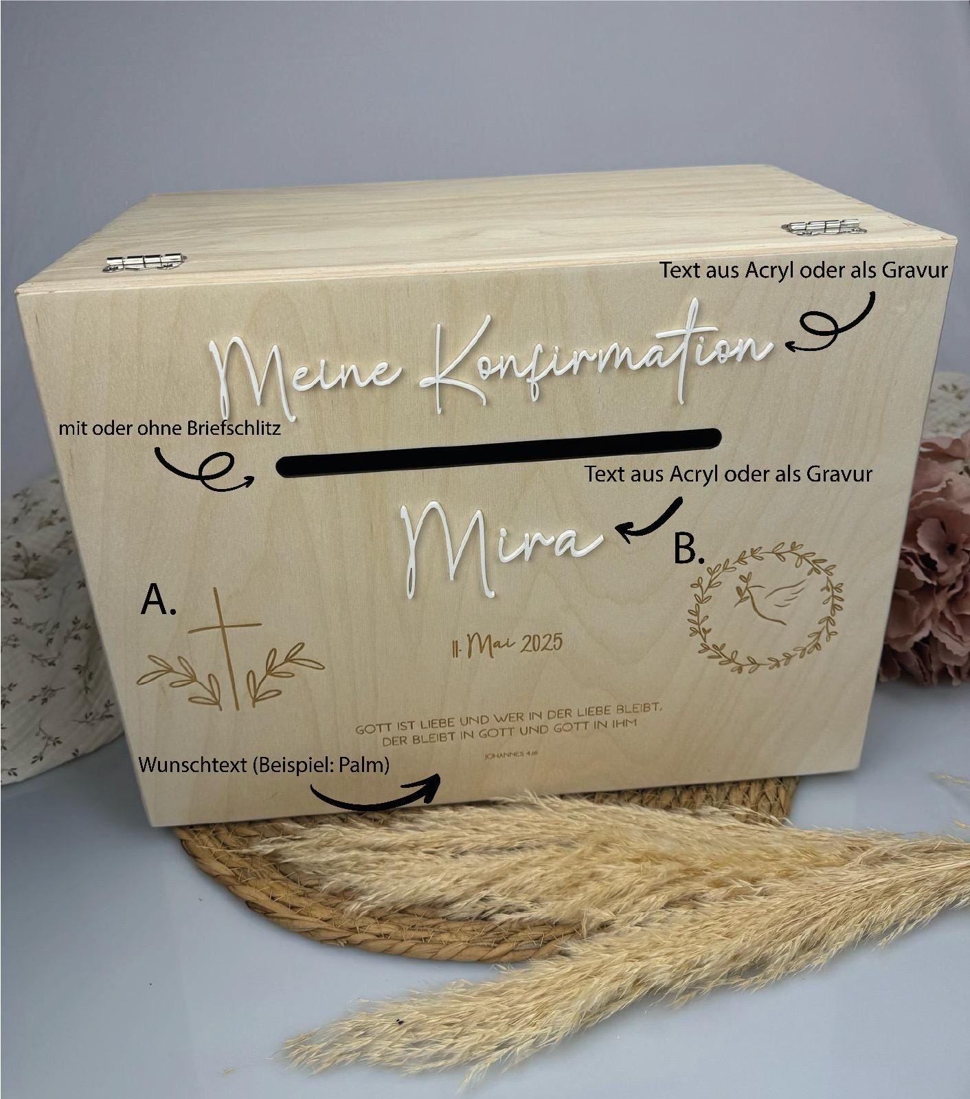 Geschenk personalisiert zur Konfirmation, Erinnerungsbox aus Holz, personalisierte Kiste mit Acryl, Holzkiste, Aufbewahrung, Geschenk Taufe