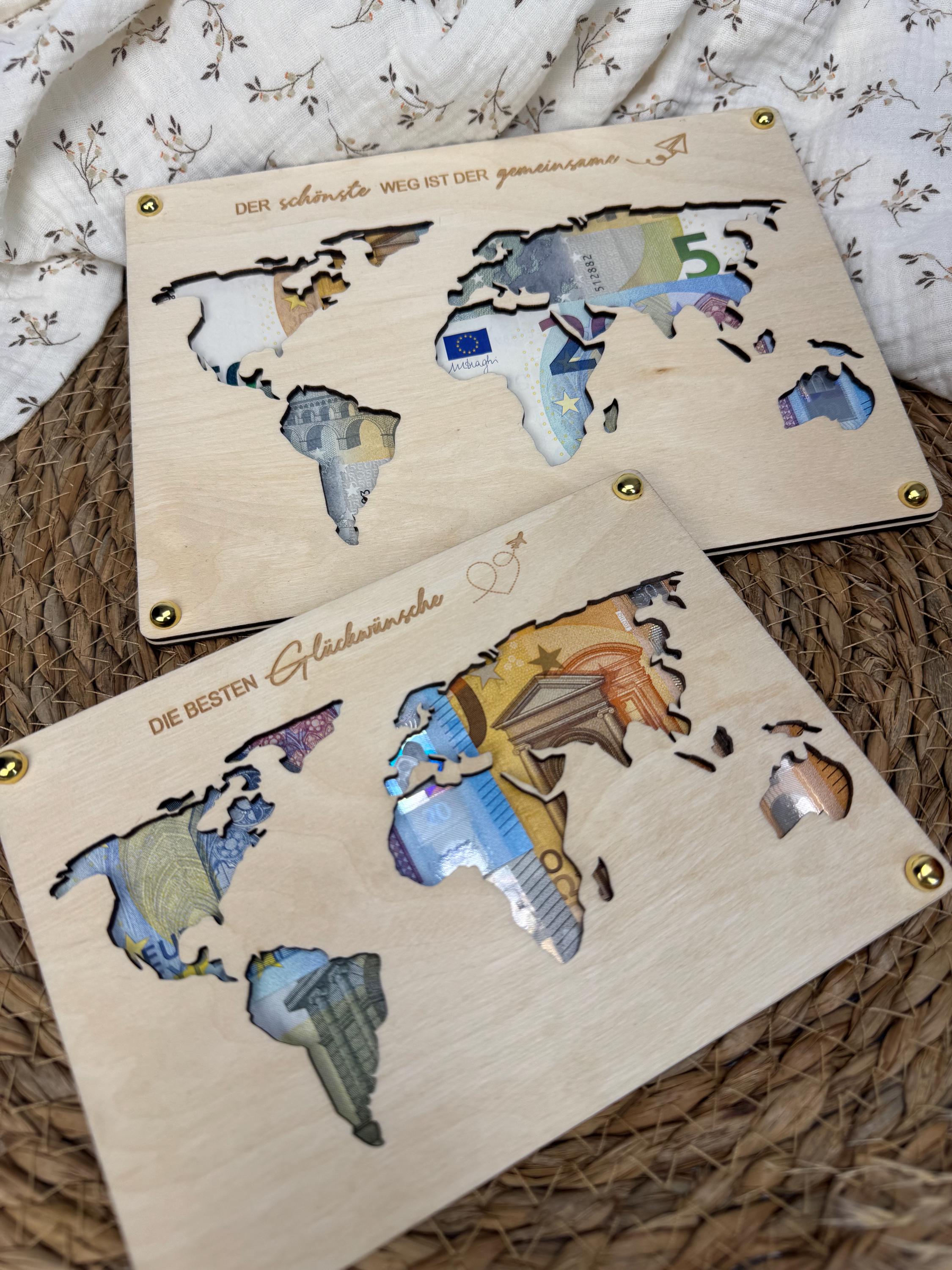 Geldgeschenk Weltkarte, Geldgeschenk Hochzeit, Geldgeschenk Geburtstag, Geldgeschenk personalisiert mit Namen