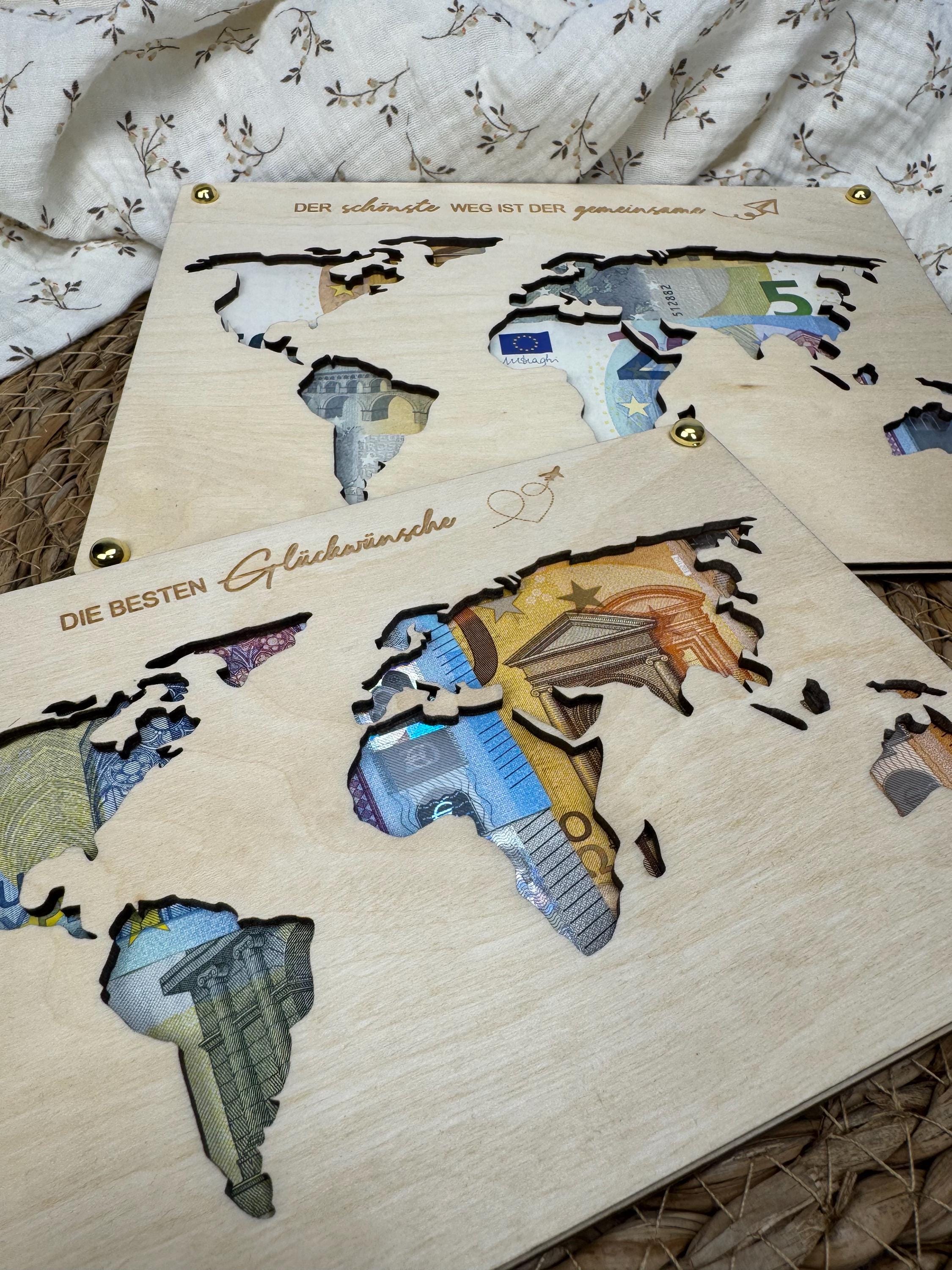 Geldgeschenk Weltkarte, Geldgeschenk Hochzeit, Geldgeschenk Geburtstag, Geldgeschenk personalisiert mit Namen