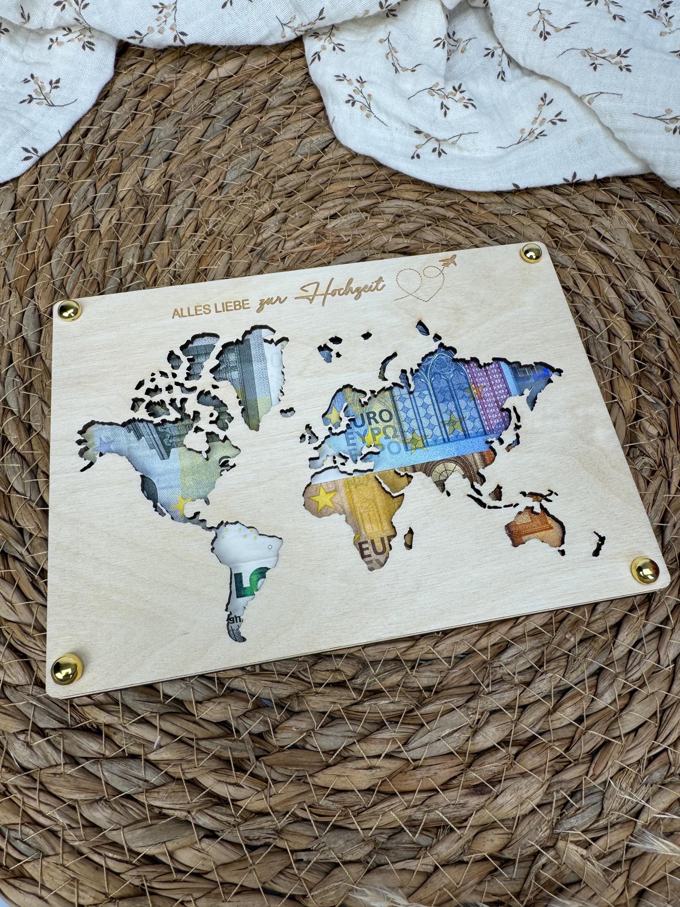 Geldgeschenk Weltkarte, Geldgeschenk Hochzeit, Geldgeschenk Geburtstag, Geldgeschenk personalisiert mit Namen
