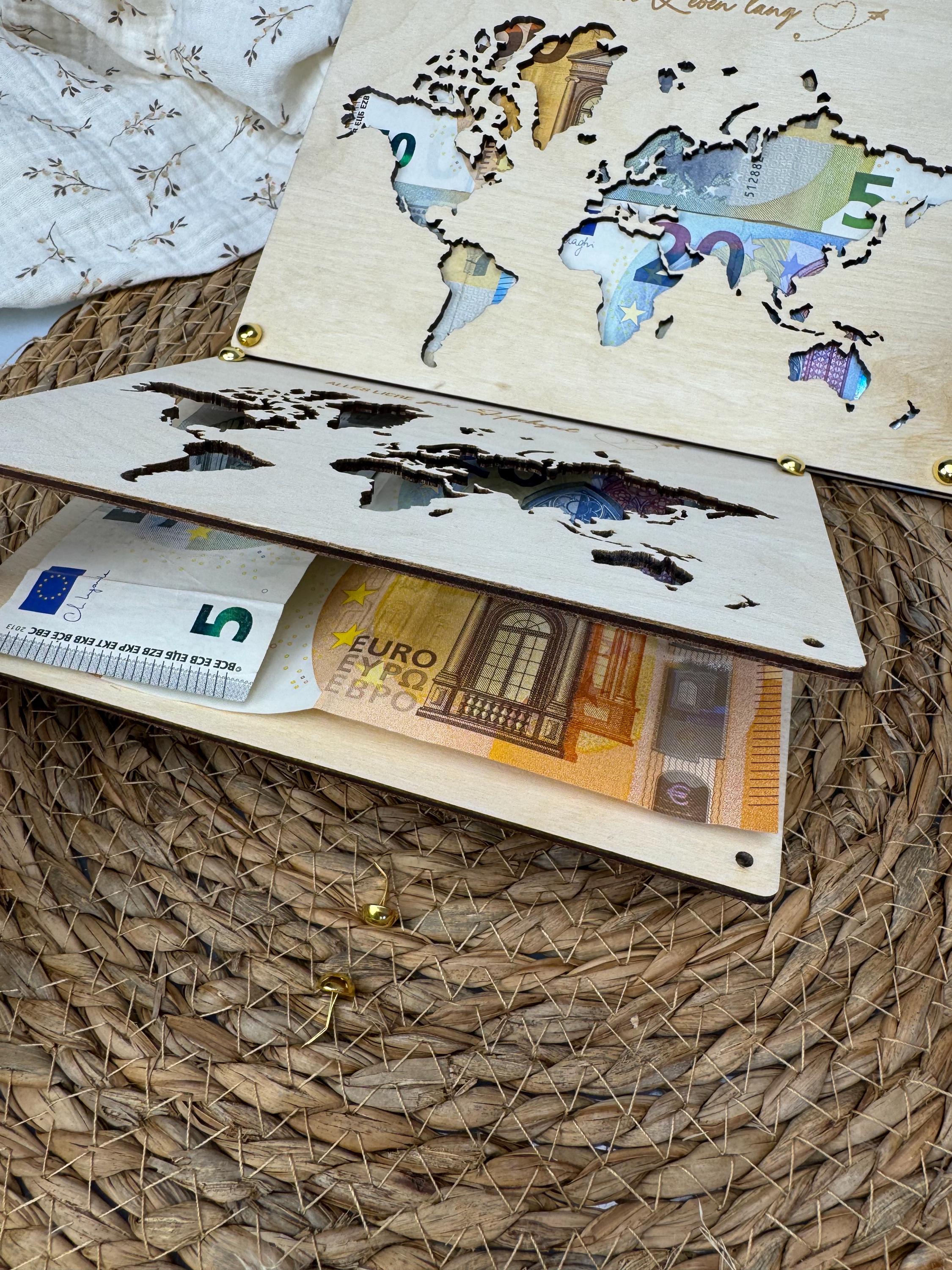 Geldgeschenk Weltkarte, Geldgeschenk Hochzeit, Geldgeschenk Geburtstag, Geldgeschenk personalisiert mit Namen