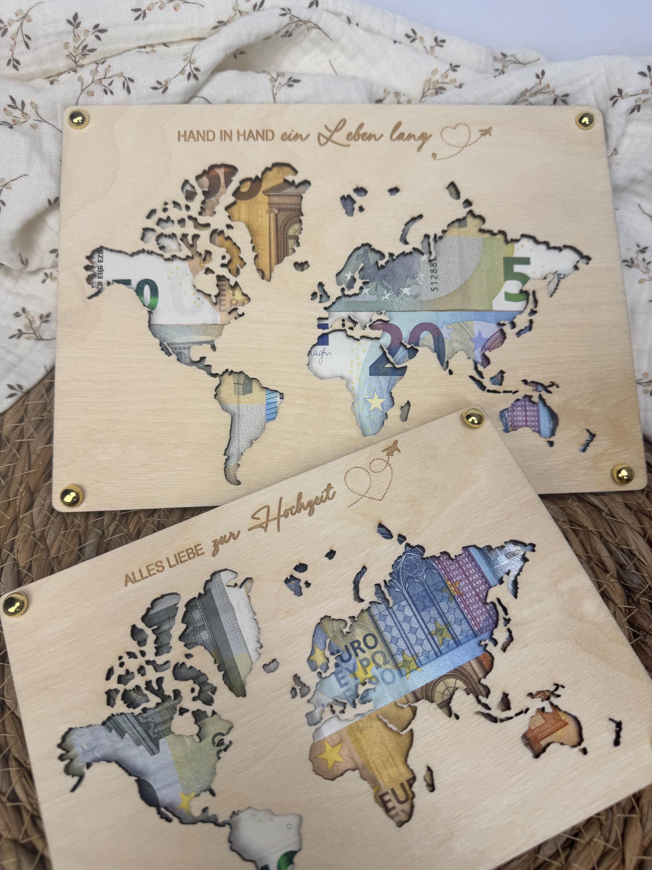 Geldgeschenk Weltkarte, Geldgeschenk Hochzeit, Geldgeschenk Geburtstag, Geldgeschenk personalisiert mit Namen