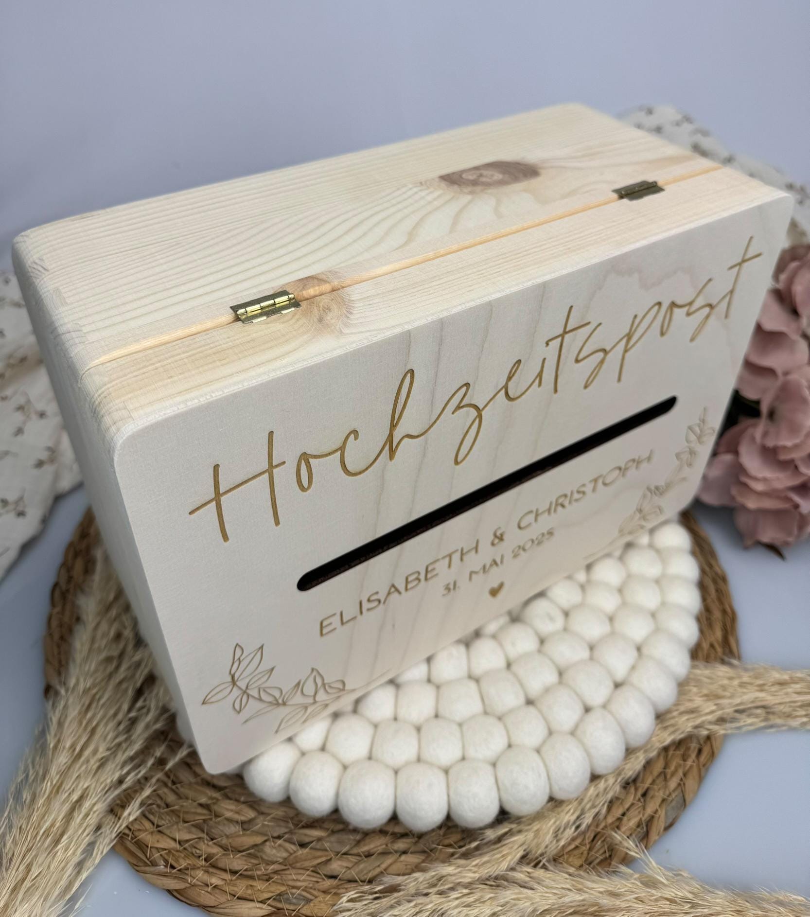 Personalisierte Hochzeitsbox aus Holz mit Namen & Datum, Hochzeitspost Box, Erinnerungskiste Hochzeit, Geldgeschenk Box Brautpaar