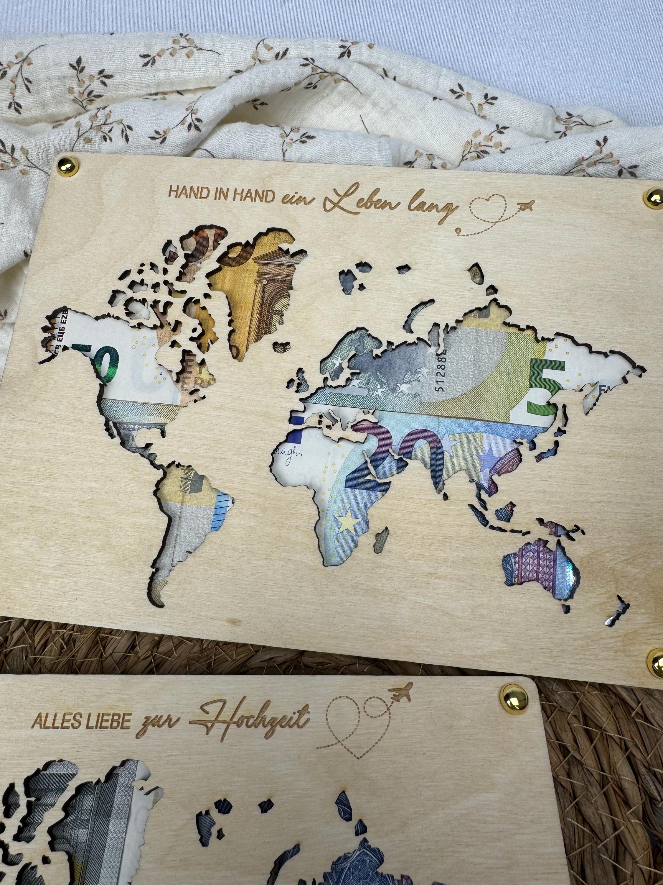 Geldgeschenk Weltkarte, Geldgeschenk Hochzeit, Geldgeschenk Geburtstag, Geldgeschenk personalisiert mit Namen