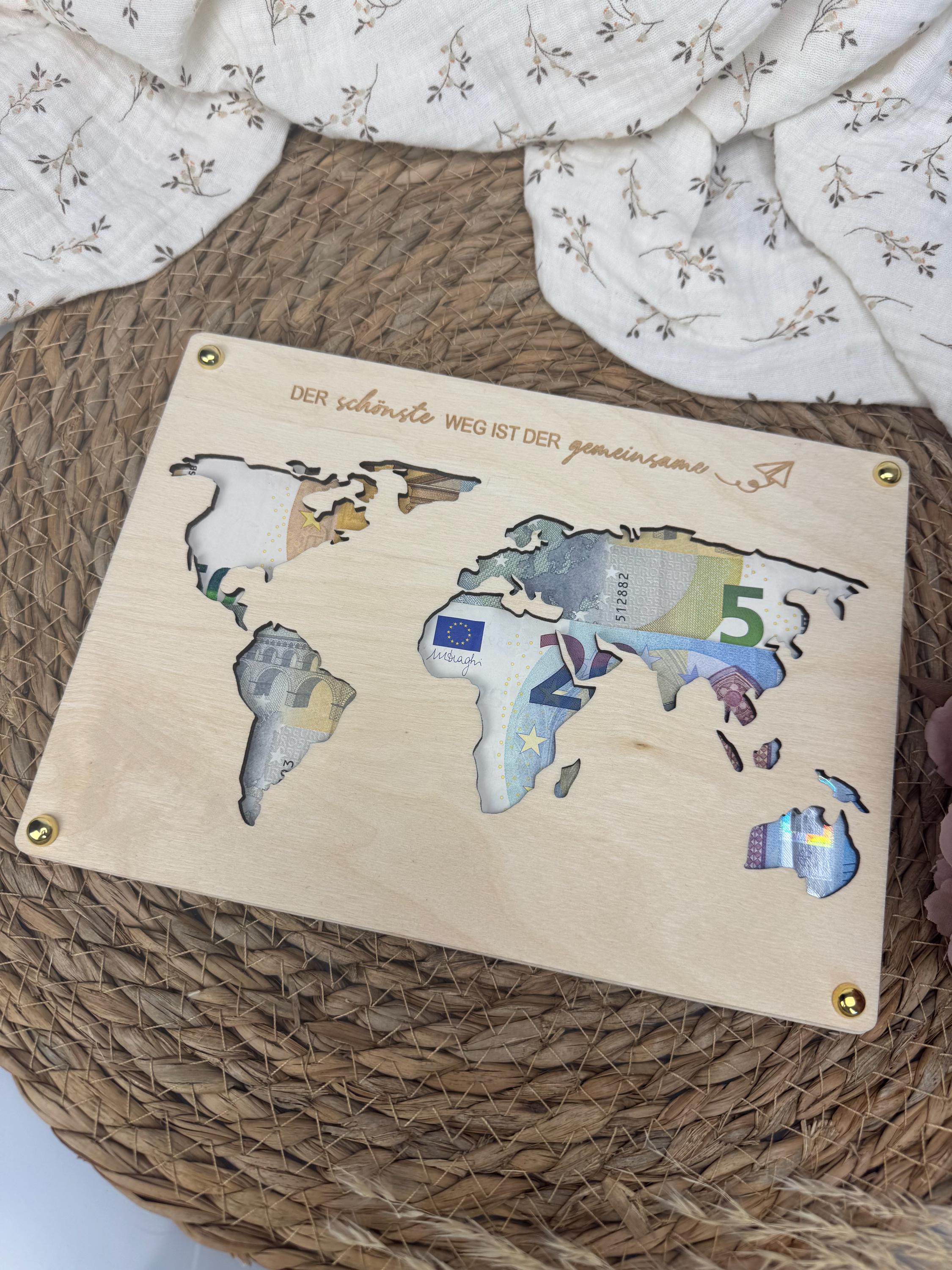 Geldgeschenk Weltkarte, Geldgeschenk Hochzeit, Geldgeschenk Geburtstag, Geldgeschenk personalisiert mit Namen