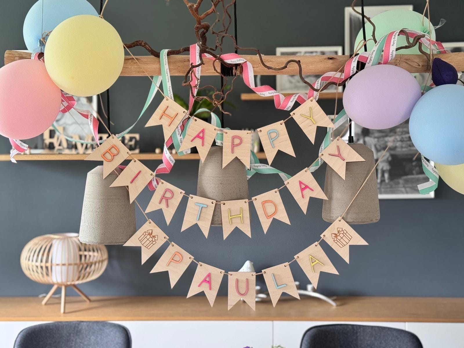 Geburtstag Kind Geburtstags Girlande Wimpelkette personalisiert Happy Birthday Namensgirlande aus Holz Kindergeburtstag Deko