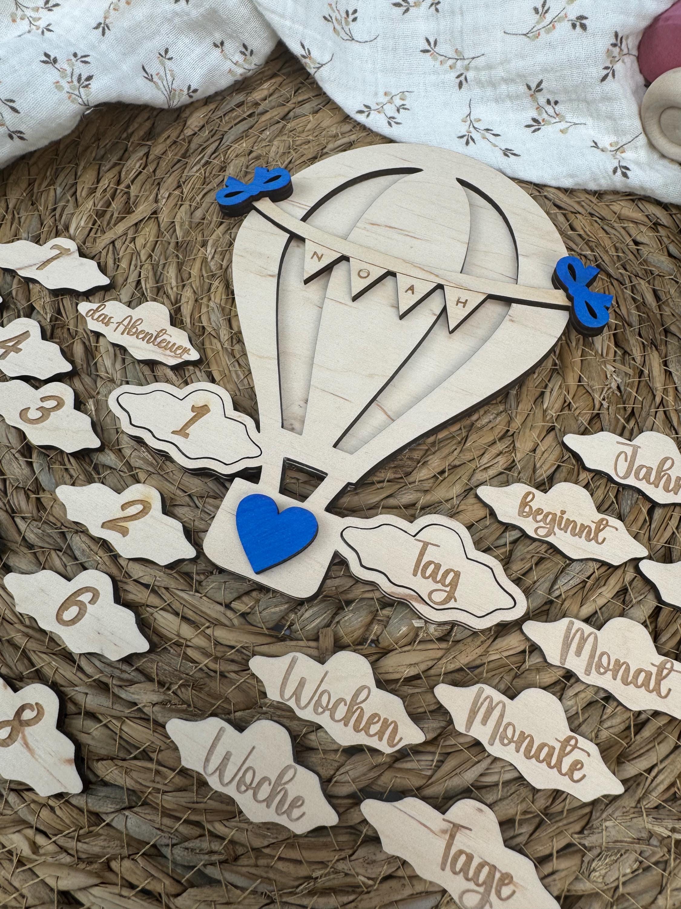 Personalisierte Baby Meilensteinkarten aus Holz, Heißluftballon Meilensteine Baby, Milestone Karten Geburt, Geschenk Babyparty