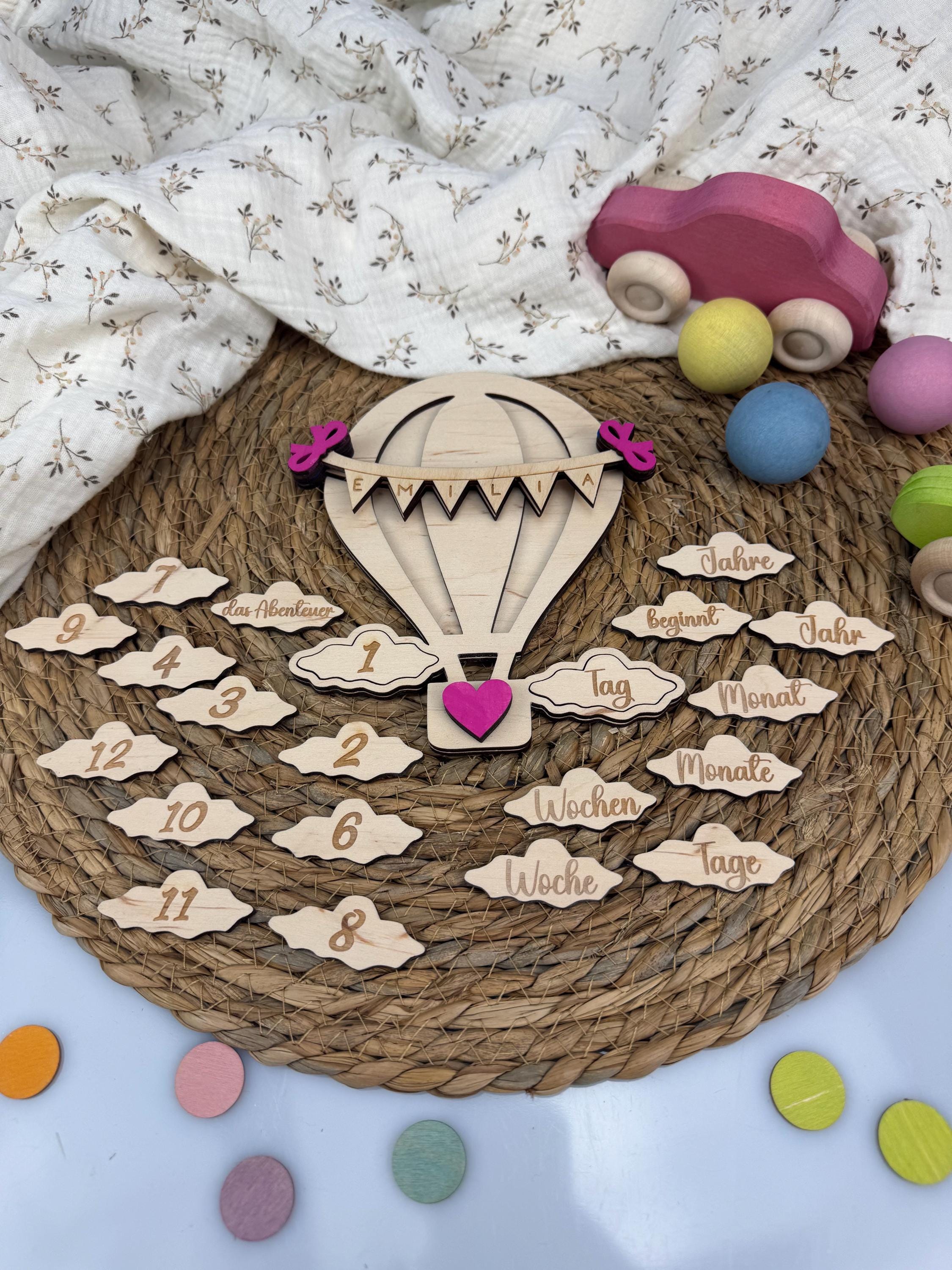 Personalisierte Baby Meilensteinkarten aus Holz, Heißluftballon Meilensteine Baby, Milestone Karten Geburt, Geschenk Babyparty