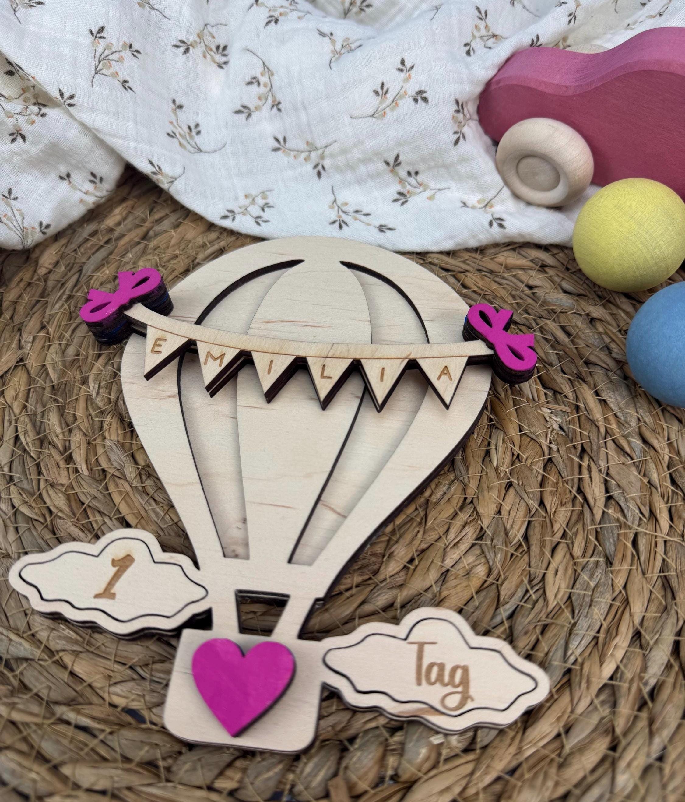 Personalisierte Baby Meilensteinkarten aus Holz, Heißluftballon Meilensteine Baby, Milestone Karten Geburt, Geschenk Babyparty