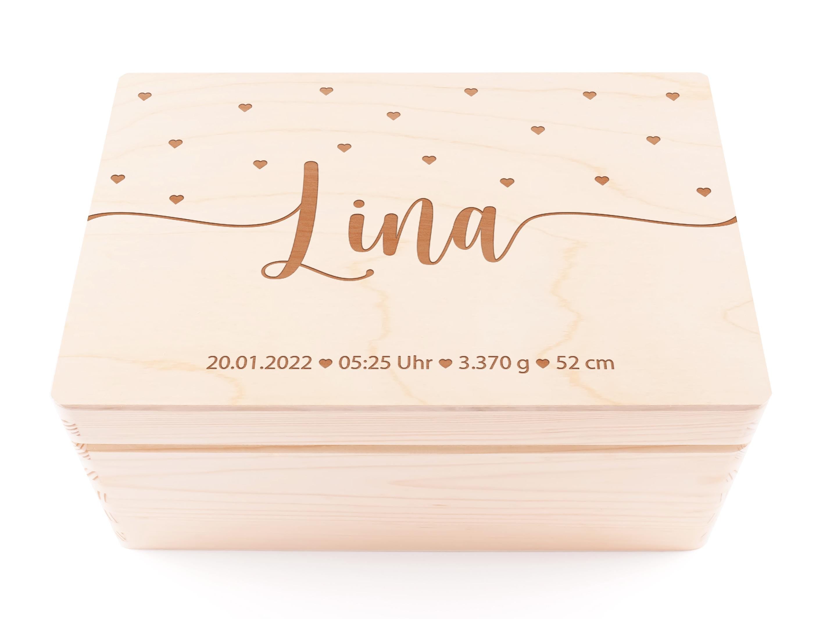 Erinnerungskiste Baby personalisiert aus Holz | Holzkiste mit Name, Herzchen Geburtsdaten Geschenk zur Geburt