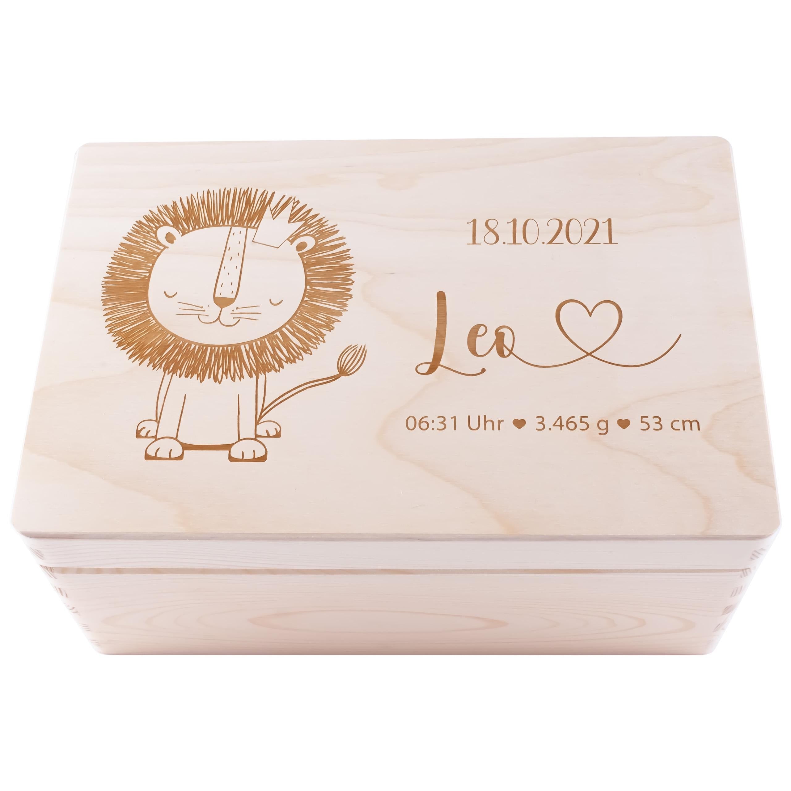 Erinnerungskiste Baby personalisiert aus Holz | Holzkiste mit Name & Geburtsdaten "Löwe" | Geschenk zur Geburt oder Taufe