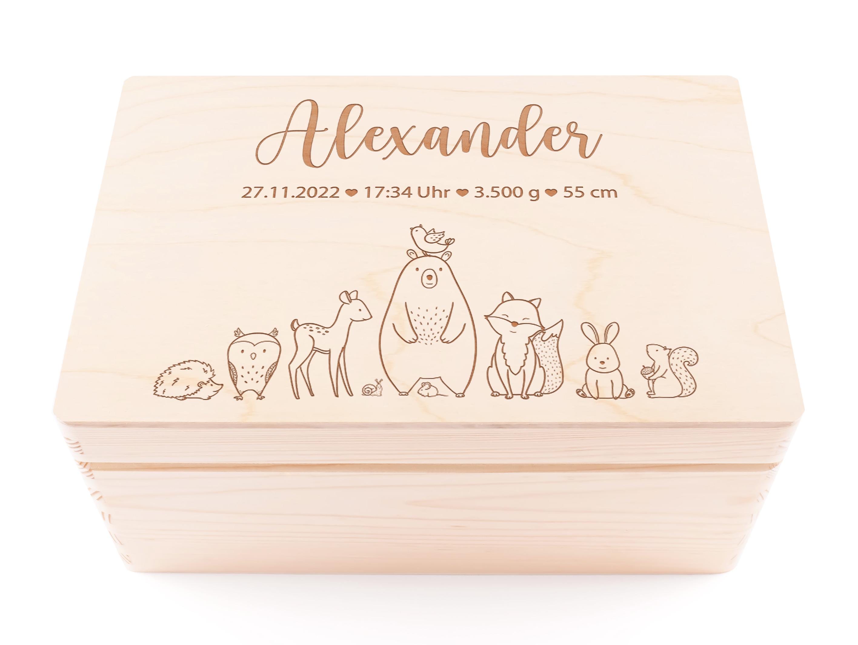 Erinnerungskiste Baby personalisiert aus Holz | Holzkiste mit Name & Geburtsdaten Waldtiere | Geschenk zur Geburt oder Taufe