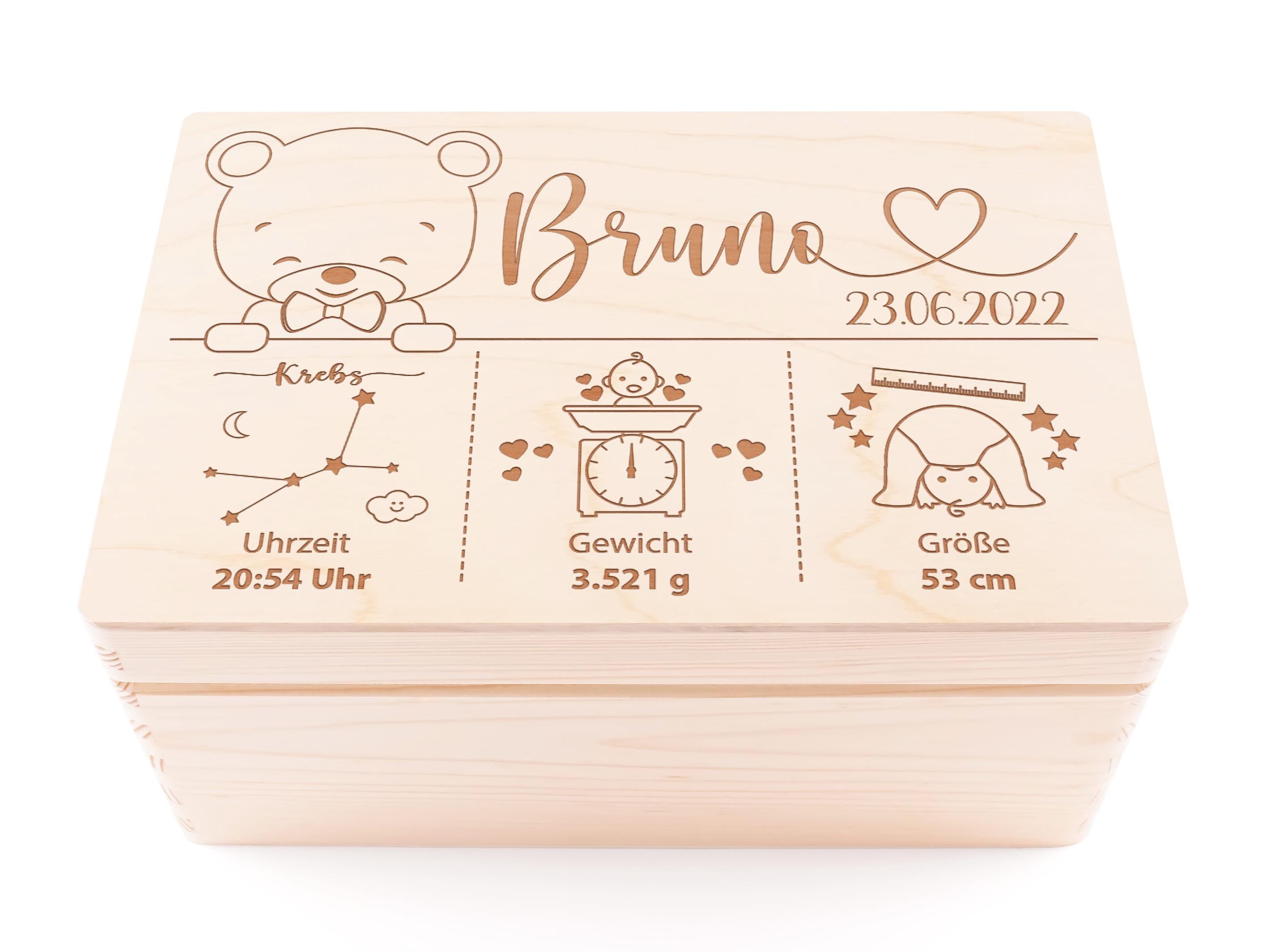 Erinnerungskiste Baby personalisiert aus Holz | Holzkiste mit Name & Geburtsdaten "Bär" | Geschenk zur Geburt oder Taufe