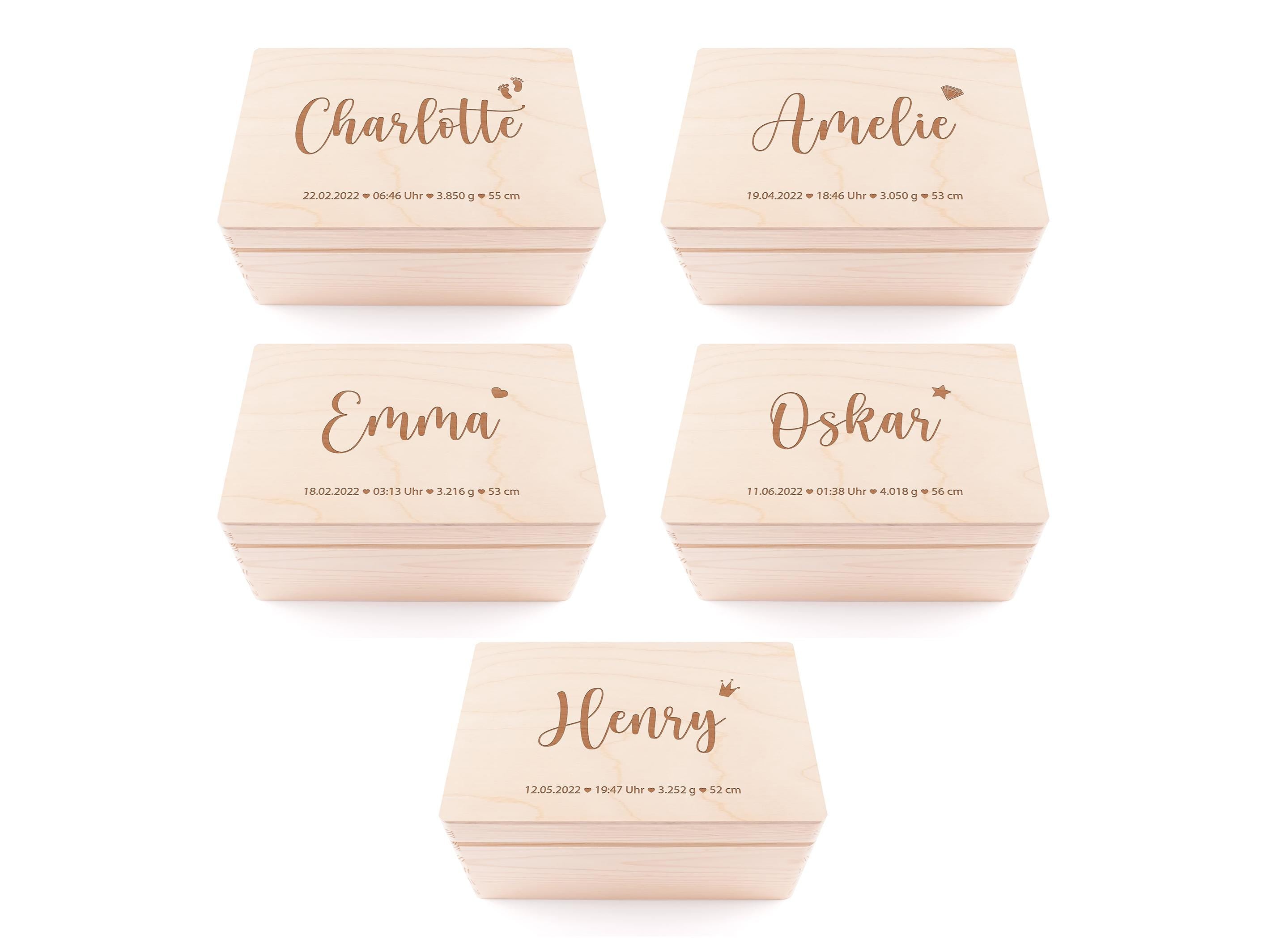 Erinnerungskiste Baby personalisiert aus Holz | Holzkiste mit Name & Geburtsdaten | Geschenk zur Geburt oder Taufe