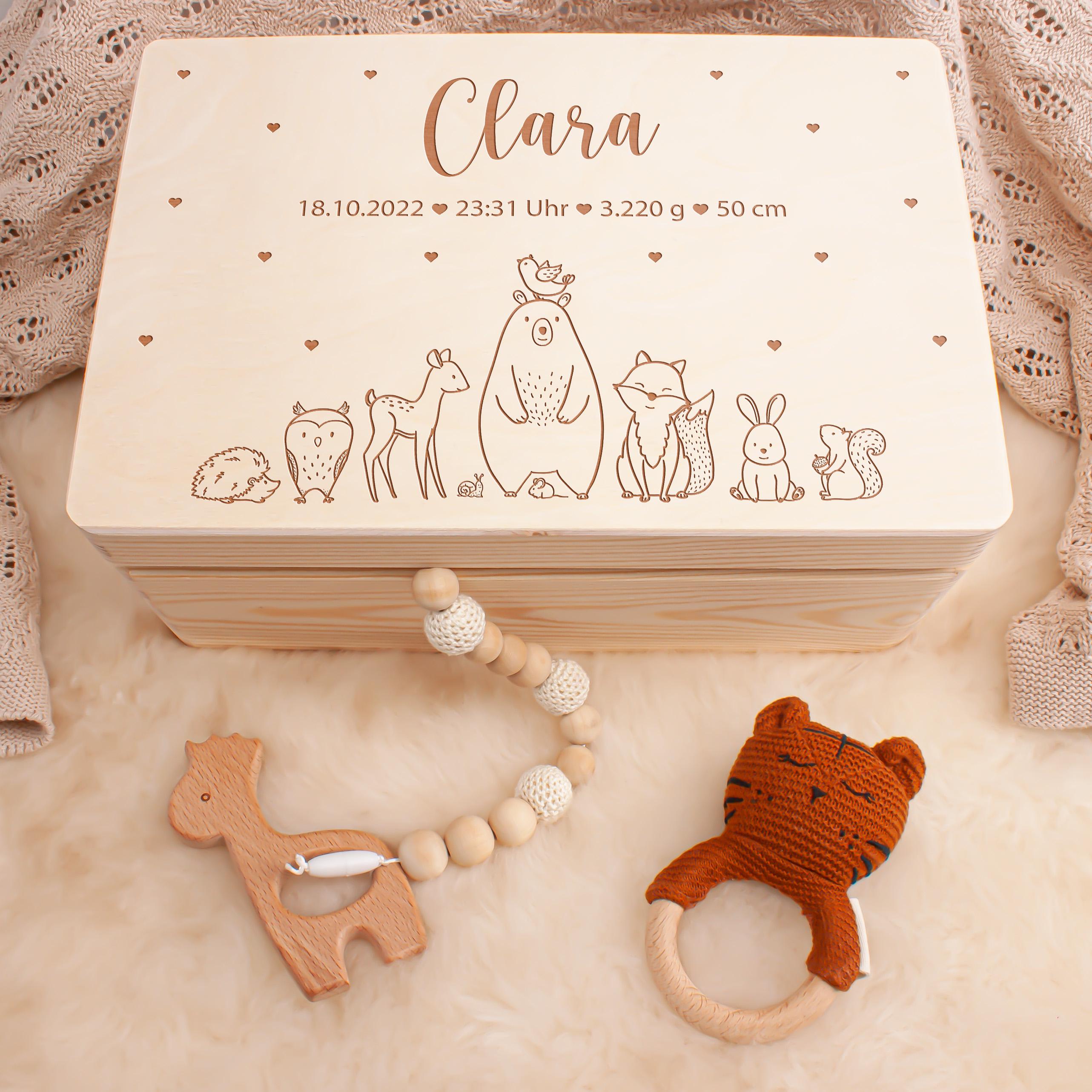 Erinnerungskiste Baby personalisiert aus Holz | Holzkiste mit Name & Geburtsdaten Waldtiere | Geschenk zur Geburt oder Taufe