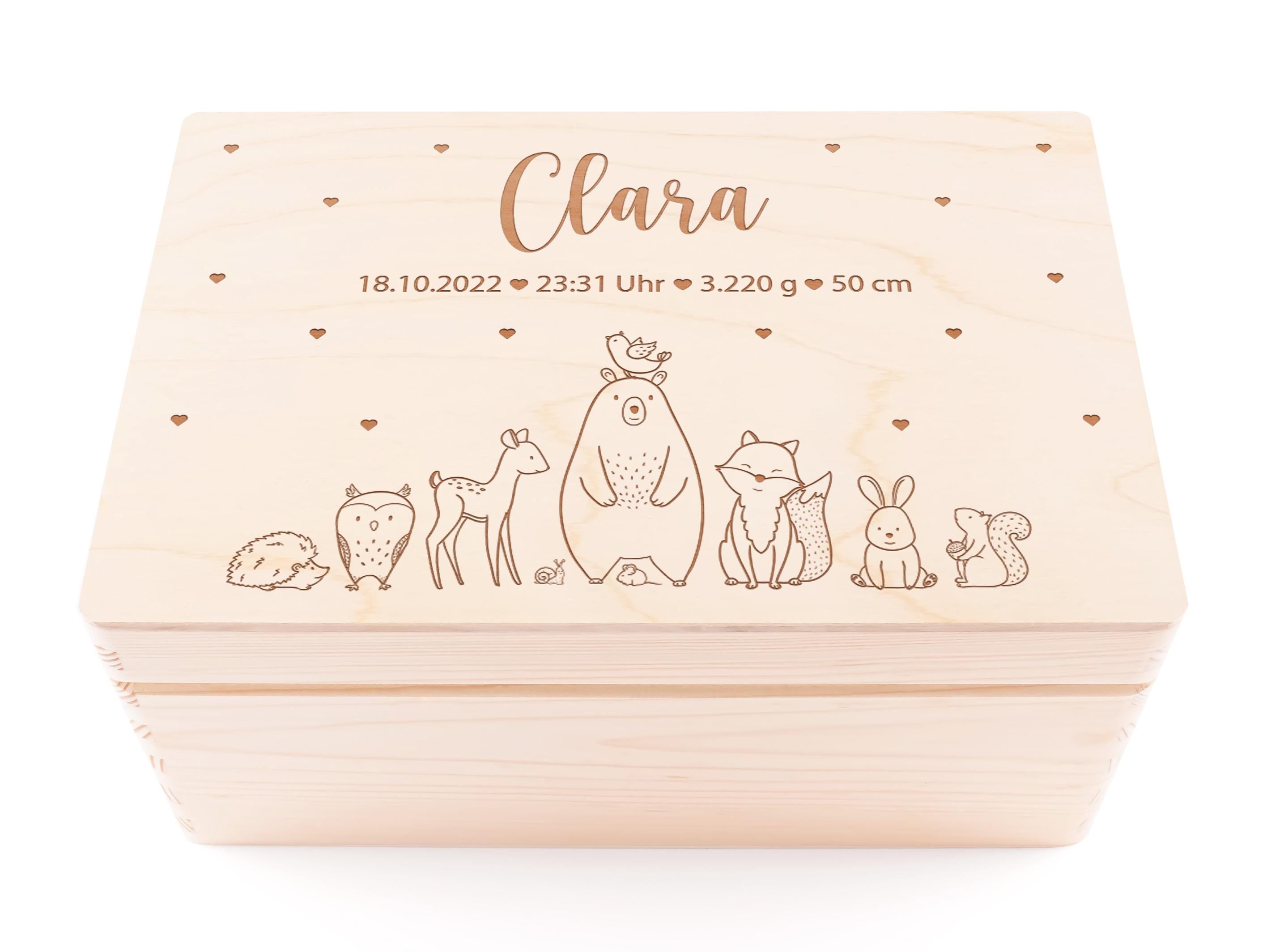 Erinnerungskiste Baby personalisiert aus Holz | Holzkiste mit Name & Geburtsdaten Waldtiere | Geschenk zur Geburt oder Taufe