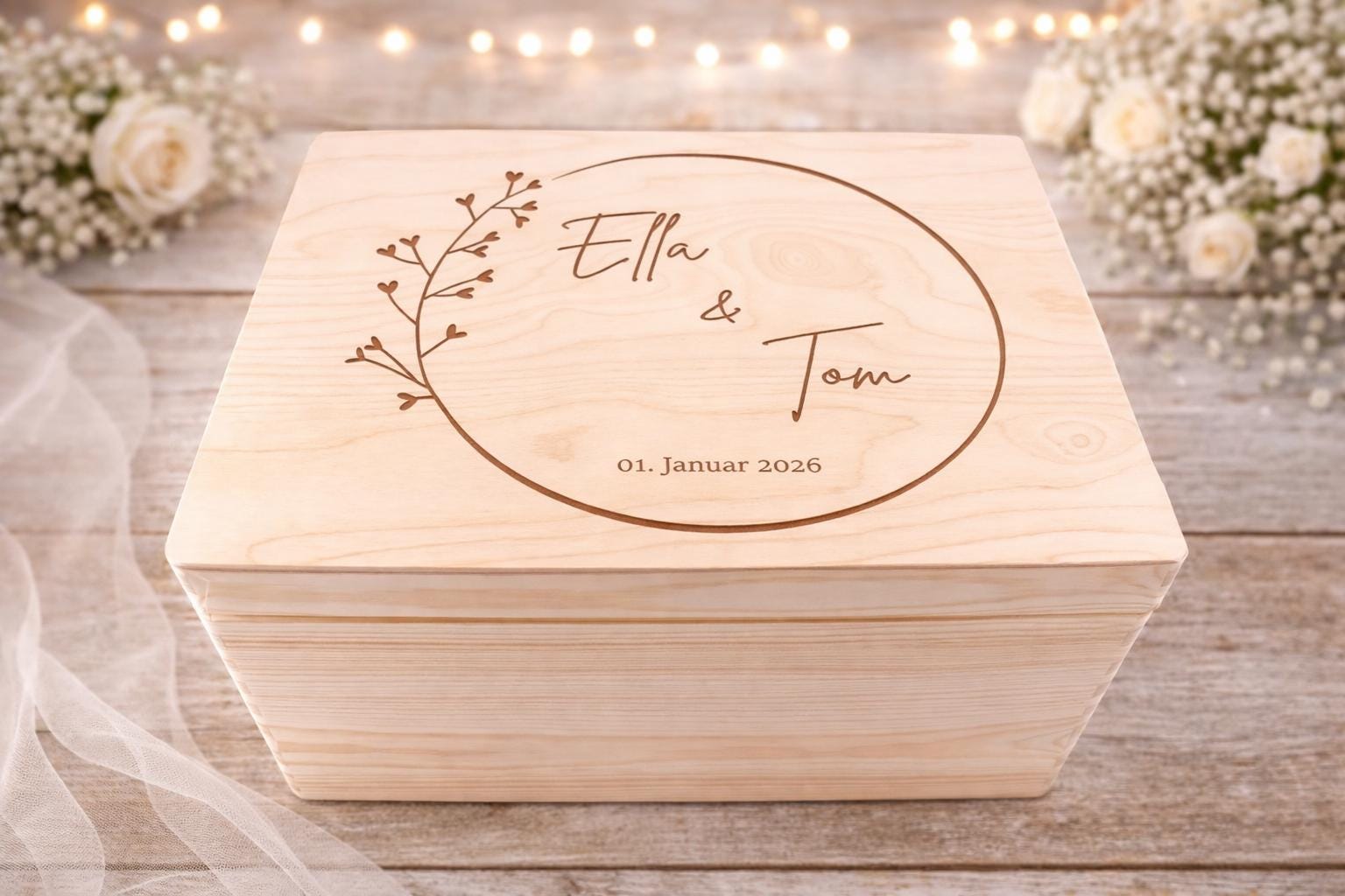 Holzbox Hochzeit personalisiertes Hochzeitsgeschenk mit Gravur Namen Brautpaar Erinnerungskiste Geschenk zur Hochzeit Brautpaar Geschenk