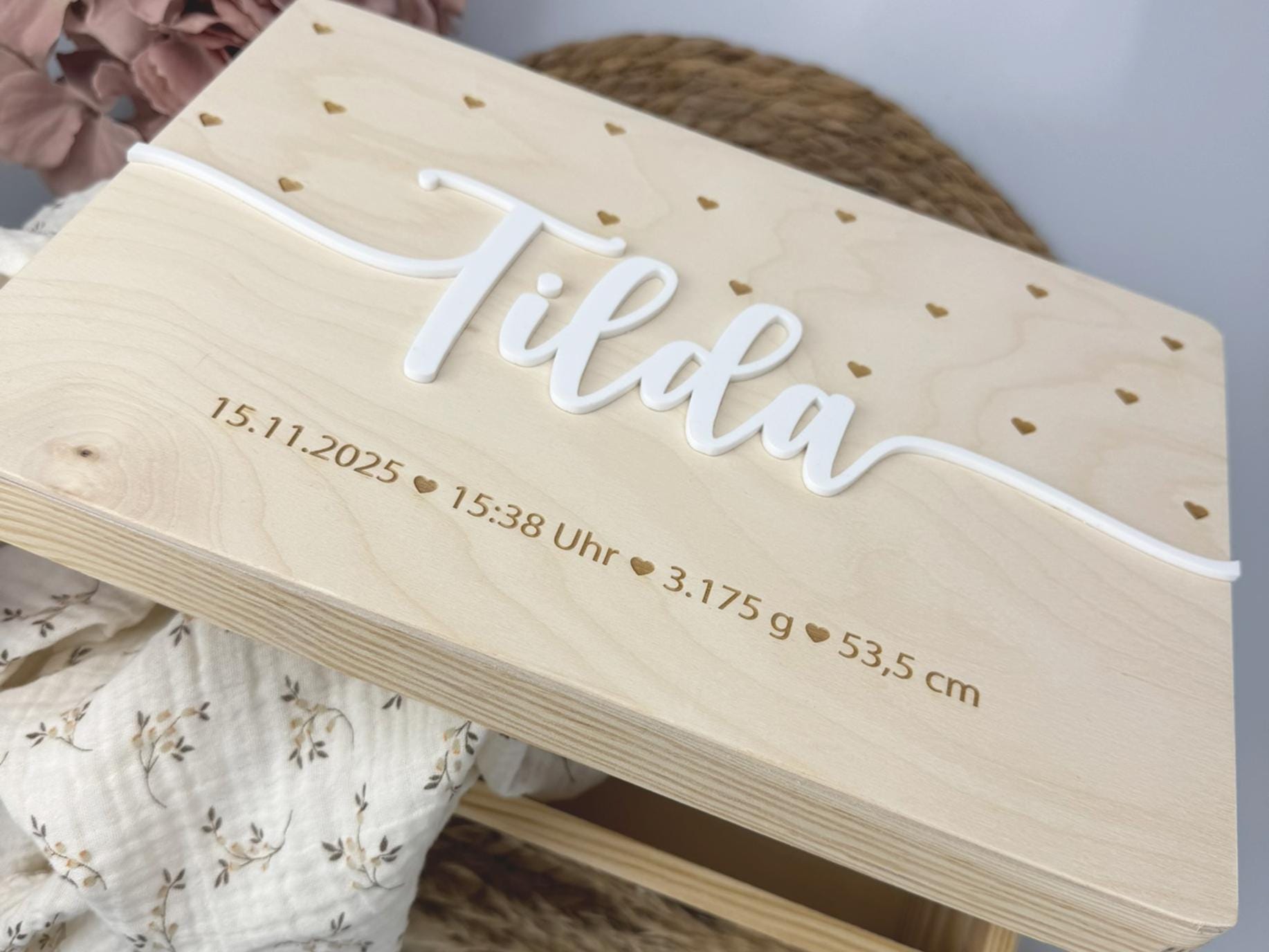Erinnerungskiste Baby | Personalisierte Erinnerungsbox aus Holz | Name | Geschenk zur Schwangerschaft, Geburt, Taufe, Kommunion | Babyparty