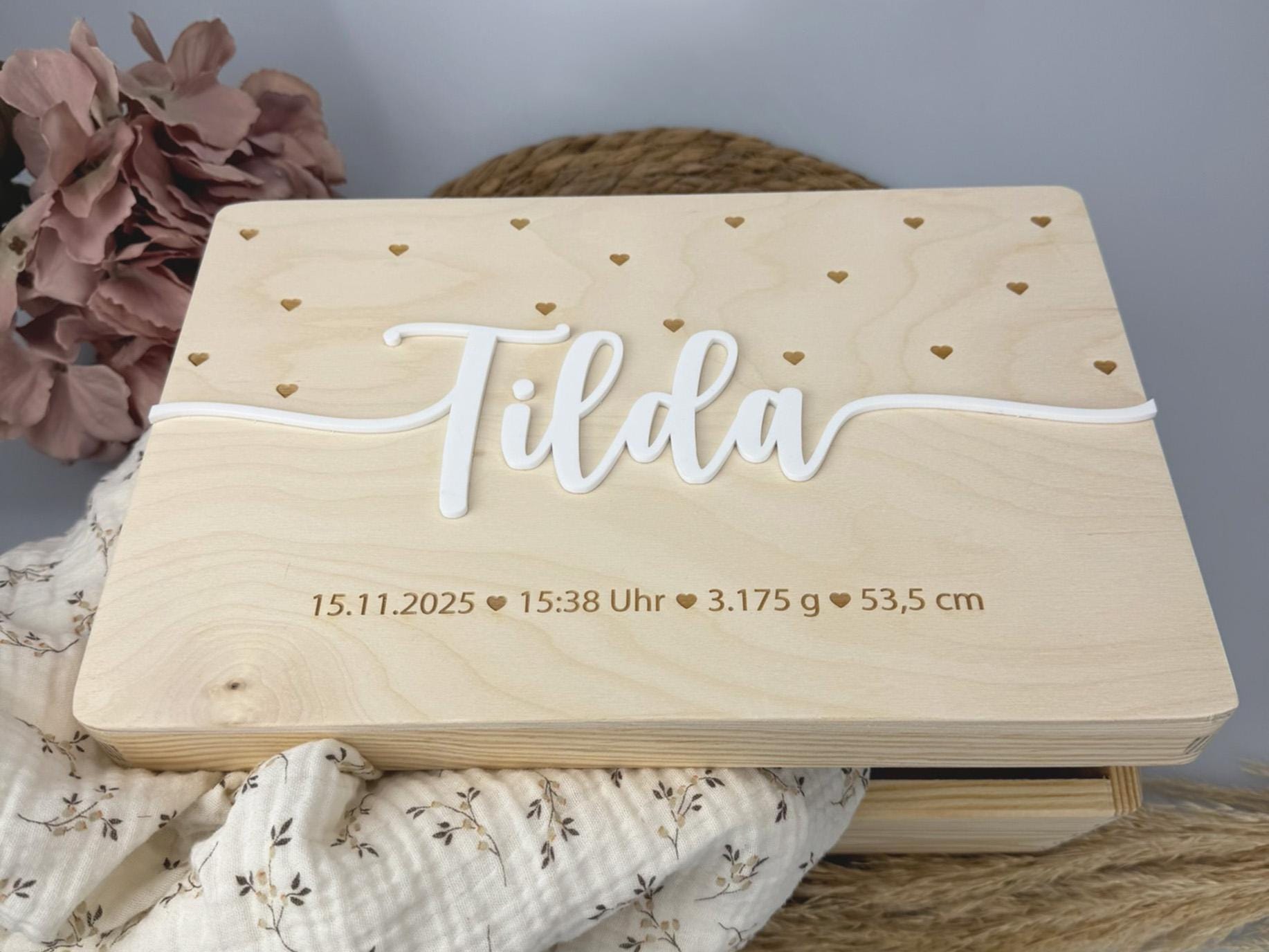 Erinnerungskiste Baby | Personalisierte Erinnerungsbox aus Holz | Name | Geschenk zur Schwangerschaft, Geburt, Taufe, Kommunion | Babyparty