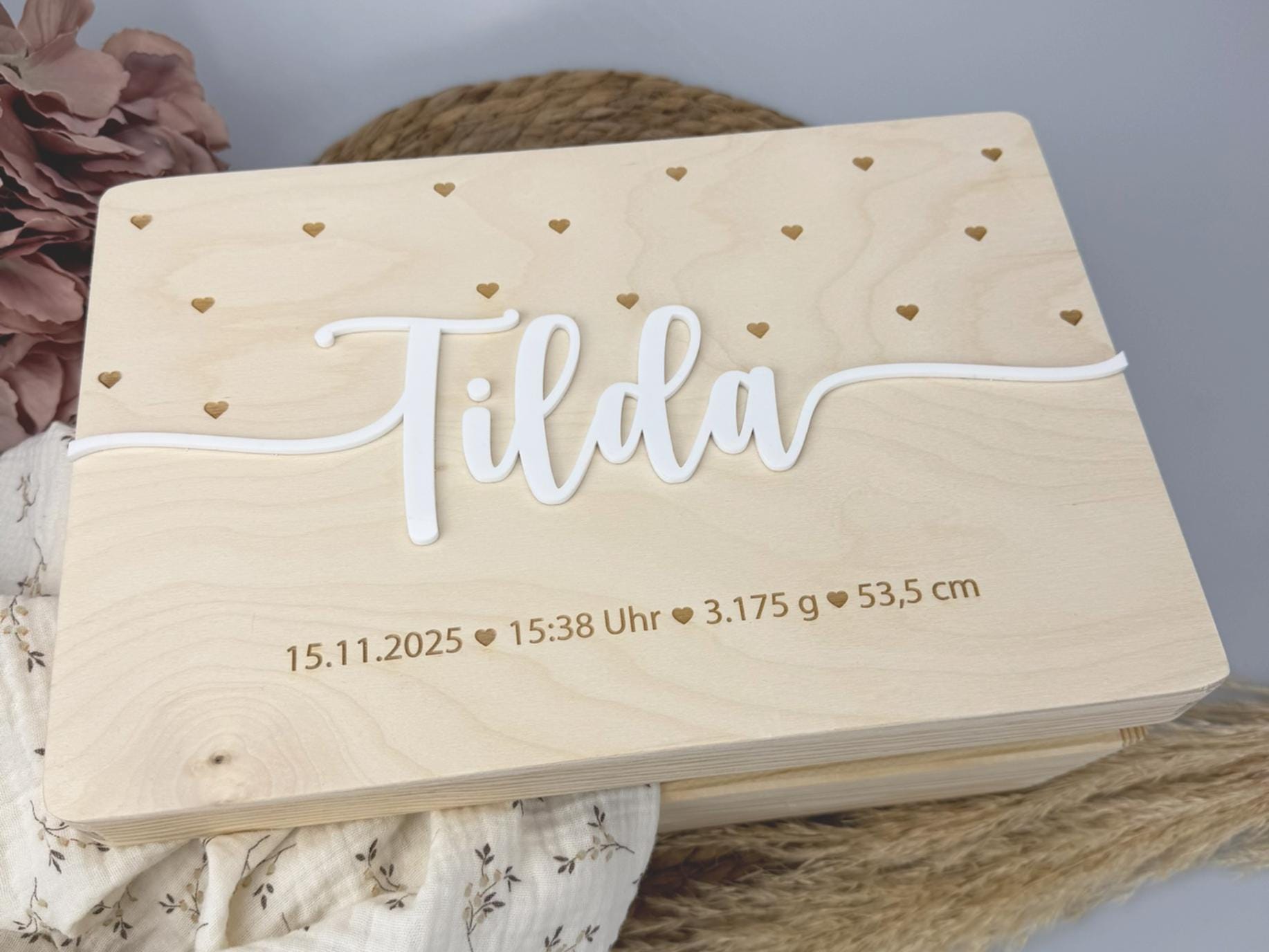 Erinnerungskiste Baby | Personalisierte Erinnerungsbox aus Holz | Name | Geschenk zur Schwangerschaft, Geburt, Taufe, Kommunion | Babyparty