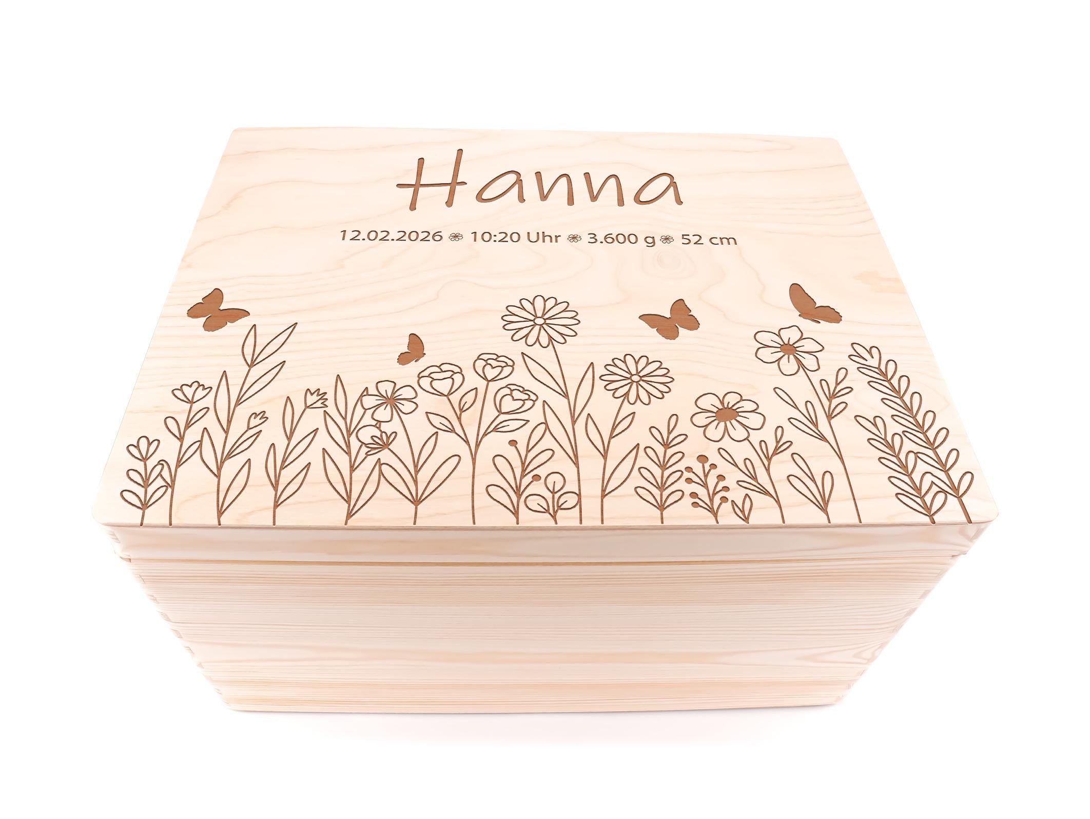 Erinnerungskiste aus Holz personalisiert mit Geburtsdaten und Namen Blumen Gravur Geschenk zur Geburt Taufe Geburtstag Babyparty